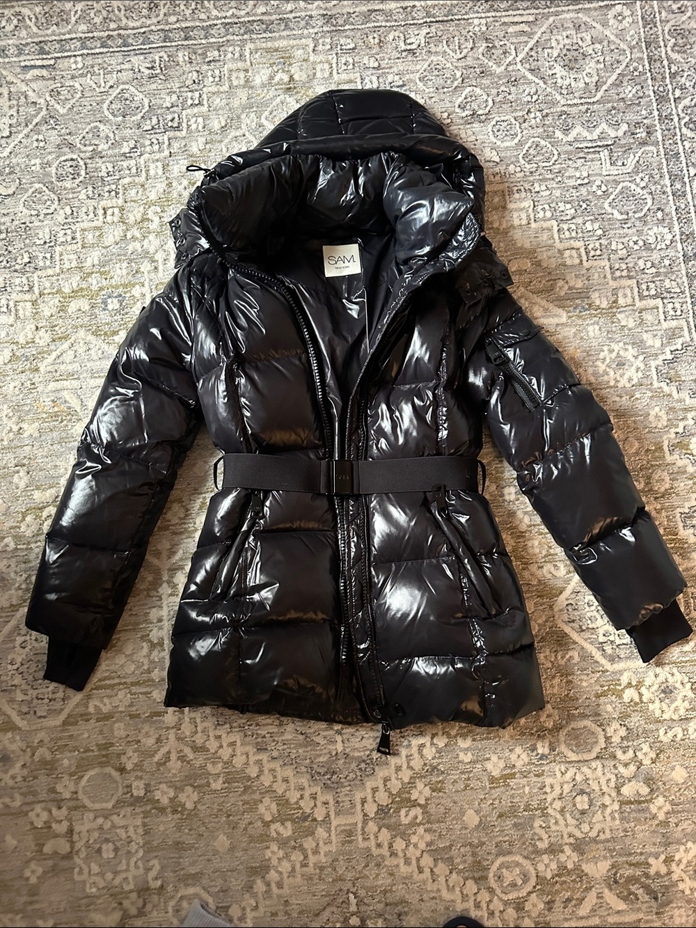 Sam Edelman Black Glossy Quilted Puffer Coat with Belt